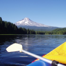 Joshann photo Looking at Mt. Hood from trillium lake in a boat