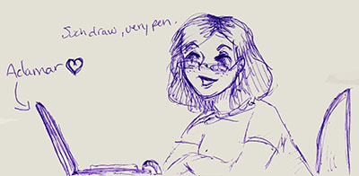 drawing of Joshann on her computer